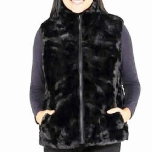 Nicole Miller Original Reversible Faux Fur Vest Size XL Black Full Zip Pockets - Picture 1 of 4
